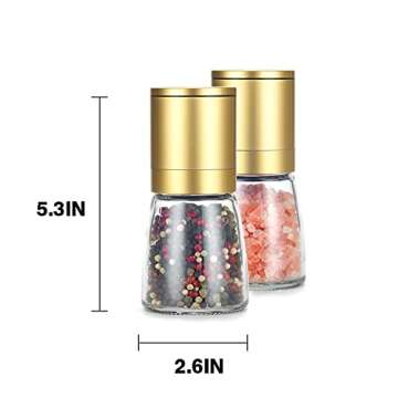 Gold Salt and Pepper Grinder, Set of 2 - Adjustable Coarseness Ceramic Sea Salt & Pepper Premium Mills,Brushed Stainless Steel - Refillable Spice Shakers Clear Spices Shaker Kitchen Gifts Two Pieces