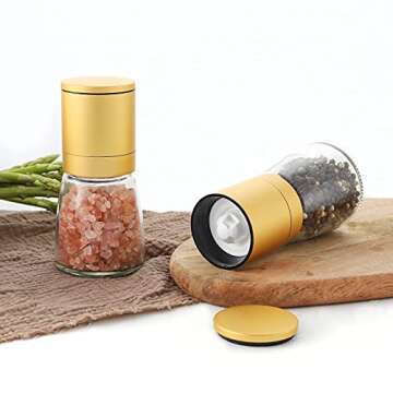 Gold Salt and Pepper Grinder, Set of 2 - Adjustable Coarseness Ceramic Sea Salt & Pepper Premium Mills,Brushed Stainless Steel - Refillable Spice Shakers Clear Spices Shaker Kitchen Gifts Two Pieces