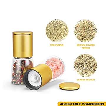 Gold Salt and Pepper Grinder, Set of 2 - Adjustable Coarseness Ceramic Sea Salt & Pepper Premium Mills,Brushed Stainless Steel - Refillable Spice Shakers Clear Spices Shaker Kitchen Gifts Two Pieces