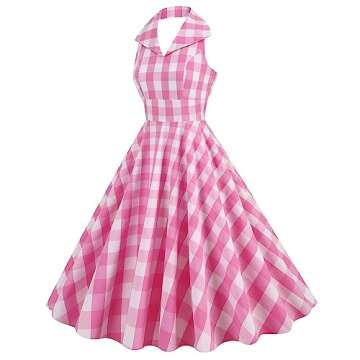 IDOPIP Pink Plaid Dress for Women Retro Halter Cocktail Party Swing Dresses 1950s Vintage Gingham Sleeveless Summer Casual A-line Dress 50s 60s Rockabilly Audrey Dresses Pink Plaid - Lapel Collar L