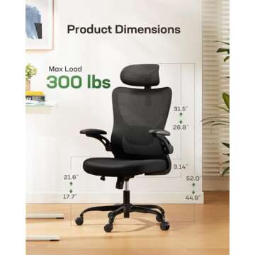 Marsail Ergonomic Office Chair: Office Computer Desk Chair with High Back Mesh and Adjustable Lumbar Support Rolling Work Swivel Task Chairs with Wheel 3D Armrests and Headrest