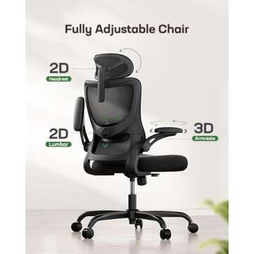 Marsail Ergonomic Office Chair: Office Computer Desk Chair with High Back Mesh and Adjustable Lumbar Support Rolling Work Swivel Task Chairs with Wheel 3D Armrests and Headrest