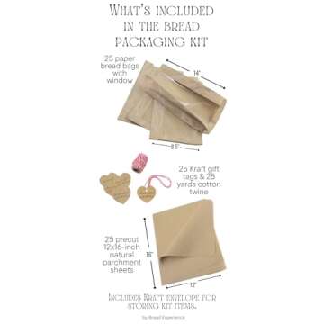 Bread Packaging Kit- Kraft Paper Bread Bags for Homemade Bread Gift Giving, Natural Unbleached Parchment Paper for Baking, Kraft Gift Tags Cotton Bakers Twine Gift Wrapping String – Red/White Pack