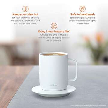 Ember Temperature Control Smart Mug, 10 Ounce, 1-hr Battery Life, White - App Controlled Heated Coffee Mug