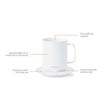 Ember Temperature Control Smart Mug, 10 Ounce, 1-hr Battery Life, White - App Controlled Heated Coffee Mug