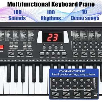 61 Key Keyboard Piano, Portable Electronic Keyboard Piano for Beginners with Speakers, Microphone, Sheet Music Stand, 100 Voices, 100 Rhythms, Digital Music Keyboard for Beginners - Black