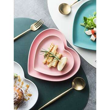 FUYU 2pcs Colorful Matte Heart Shaped Ceramic Dinner Plate Salad Plate Dessert Plate Steak Plate