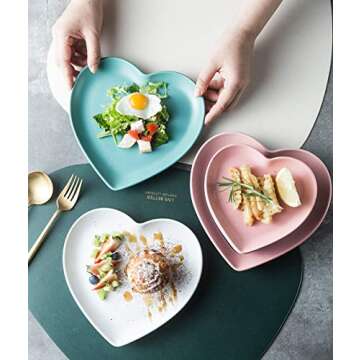 FUYU 2pcs Colorful Matte Heart Shaped Ceramic Dinner Plate Salad Plate Dessert Plate Steak Plate