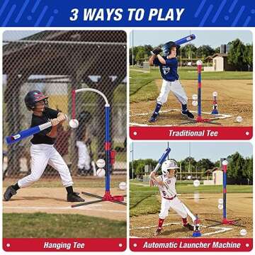 HYES 3-in-1 Baseball Set for Kids 3-5 - Tee Ball Stand, Hanging Tee, Ball Launcher and 6 Softballs - Adjustable Height, Indoor/Outdoor Sport Gifts for Boys, Blue