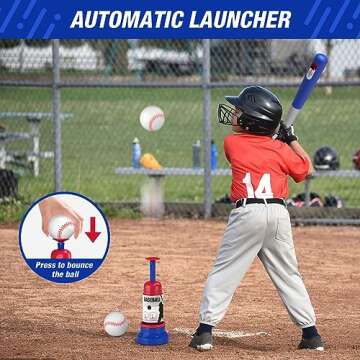 HYES 3-in-1 Baseball Set for Kids 3-5 - Tee Ball Stand, Hanging Tee, Ball Launcher and 6 Softballs - Adjustable Height, Indoor/Outdoor Sport Gifts for Boys, Blue