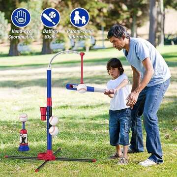 HYES 3-in-1 Baseball Set for Kids 3-5 - Tee Ball Stand, Hanging Tee, Ball Launcher and 6 Softballs - Adjustable Height, Indoor/Outdoor Sport Gifts for Boys, Blue