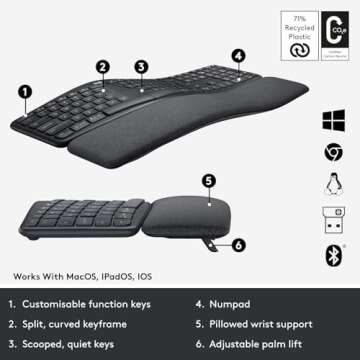 Logitech Ergo K860 Wireless Ergonomic Keyboard with Wrist Rest - Split Keyboard Layout for Windows/Mac, Bluetooth or USB Connectivity (Renewed)