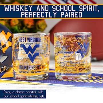 West Virginia University Whiskey Glass Set (2 Low Ball Glasses) - Contains Full Color West Virginia Mountaineers Logo & Campus Map - Mountaineers Gift Idea for College Grads & Alumni - Glassware