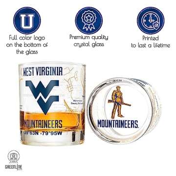 West Virginia University Whiskey Glass Set (2 Low Ball Glasses) - Contains Full Color West Virginia Mountaineers Logo & Campus Map - Mountaineers Gift Idea for College Grads & Alumni - Glassware