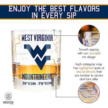 West Virginia University Whiskey Glass Set (2 Low Ball Glasses) - Contains Full Color West Virginia Mountaineers Logo & Campus Map - Mountaineers Gift Idea for College Grads & Alumni - Glassware