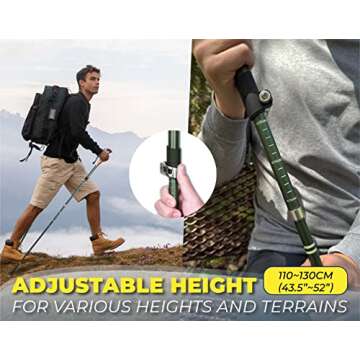 TREKOLOGY TREKZ SE 2pc Collapsible Hiking Stick - Lightweight, Foldable Retractable Trekking Poles For Men, Women & Seniors with Adjustable Height - Nordic Walking Stick for Backpacking,Camping -Green