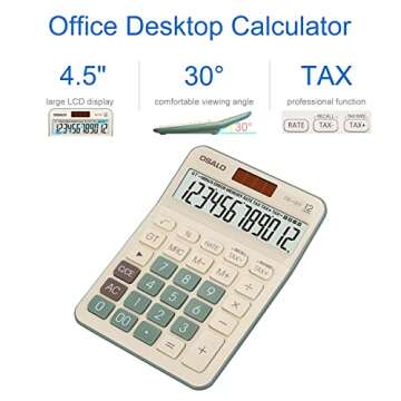 Desktop Calculator Large LCD Display 12 Digit Number Big Button Tax Financial Accounting Calculator, Battery and Solar Powered, for Desk Office Home Business Use(OS-130T Green)