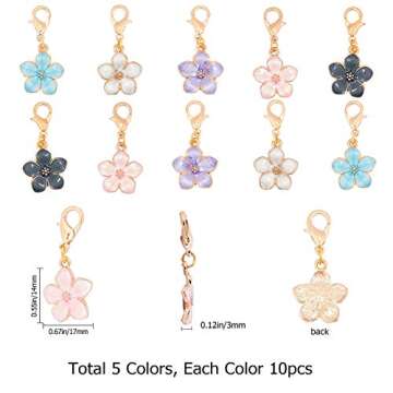 SUNNYCLUE 1 Box 50Pcs Stitch Markers Crochet Stitch Marker Spring Sakura Flower Charms Zipper Pull Clip On Removable Lobster Clasp Charm Locking Knitting Markers for Weaving Sewing Quilting 0.28/pc