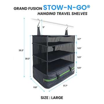 Stow-N-Go Portable Hanging Travel Shelves, Packing Organizer for Luggage. Carry on Closet for Clothes. Expandable Packing Cube. Travel Essentials. Dak Gray - XL