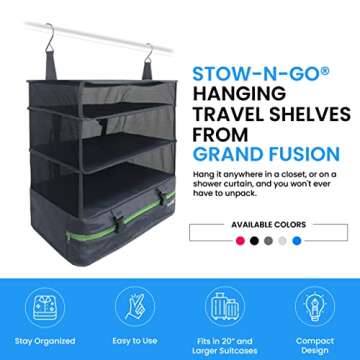 Stow-N-Go Portable Hanging Travel Shelves, Packing Organizer for Luggage. Carry on Closet for Clothes. Expandable Packing Cube. Travel Essentials. Dak Gray - XL