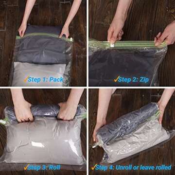 8 Space Saver Bags, No Vacuum Needed, Roll-Up Compression Packing, Travel Essentials, For Suitcases