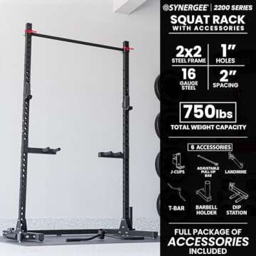 Synergee 2200 Series 81" Squat Rack Cage J-Cups, Safety Arms, Adjustable Pull Up Bar, Landmine & T Bar, Barbell Hold and Dip Station. Exercise Stand with 750lb Capacity.