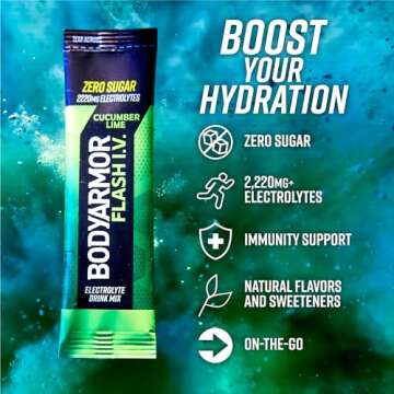 BODYARMOR Flash IV Electrolyte Packets, Cucumber Lime - Zero Sugar Drink Mix, Single Serve Packs, Coconut Water Powder (6 Count)