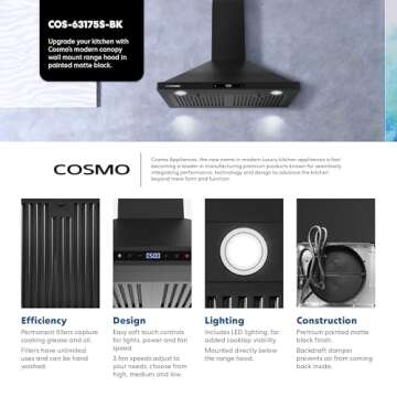 COSMO COS-63175S-BK 30 in. Ducted Wall Mount Range Hood in Matte Black with Touch Controls, LED Lighting and Permanent Filters, 30 inch