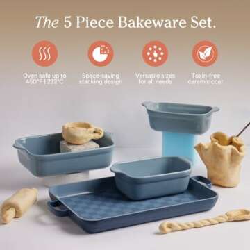 Our Place Bakeware Set | 5-Piece Nonstick, Toxin-Free, Ceramic, Stoneware Set with Oven Pan, Bakers, & Oven Mat | Space-Saving Nesting Design | Oven-Safe | Bake, Roast, Griddle and more | Blue Salt