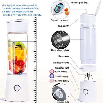 Portable Blender,Toycol Personal Size Blender for Shakes and Smoothies with 6 Blades,16 Oz Mini Blender Cup with Travel Lid and USB Rechargeable for Office, Gym, Kitchen White