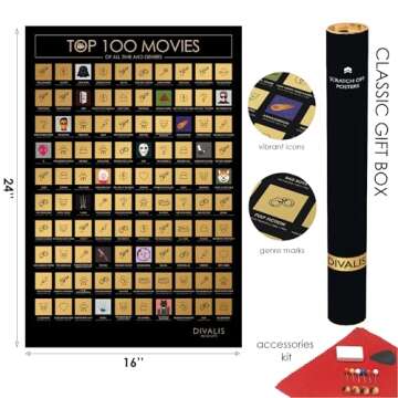 Divalis Top 100 Movies Scratch Off Poster - Easy to Frame Bucket List of Greatest Films to Watch - Scratchable Cinema Checklist Poster - Must See Movie Challenge Calendar