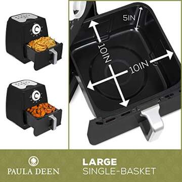 Paula Deen 8.5QT (1700 Watt) Large Air Fryer, Rapid Air Circulation System, Square Single Basket System, Ceramic Non-Stick Coating, Easy-to-Use Dial, 50 Recipes (Black)