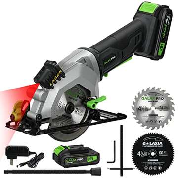 GALAX PRO Mini Circular Saw, DC20V 4-1/2" Cordless Circular Saw with 2.0Ah battery, Laser Guide, Rip Guide, 2 Pcs Blades(24T+ 60T), 3400RPM, Max Cutting Depth 1-11/16"(90°), 1-1/8"(45°)