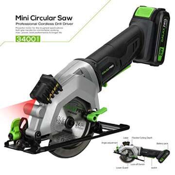 GALAX PRO Mini Circular Saw, DC20V 4-1/2" Cordless Circular Saw with 2.0Ah battery, Laser Guide, Rip Guide, 2 Pcs Blades(24T+ 60T), 3400RPM, Max Cutting Depth 1-11/16"(90°), 1-1/8"(45°)