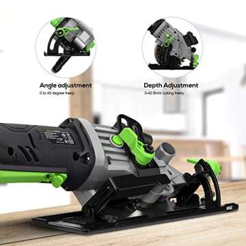 GALAX PRO Mini Circular Saw, DC20V 4-1/2" Cordless Circular Saw with 2.0Ah battery, Laser Guide, Rip Guide, 2 Pcs Blades(24T+ 60T), 3400RPM, Max Cutting Depth 1-11/16"(90°), 1-1/8"(45°)