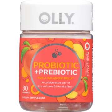 OLLY Probiotic + Prebiotic Gummy, Digestive Support and Gut Health, 500 Million CFUs, Fiber, Adult Chewable Supplement for Men and Women, Peach, 30 Day Supply - 30 Count