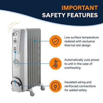 De'Longhi Oil filled Radiator Heater, 1500W Electric Space Heater for indoor use, portable room heater, Energy Saving, full room like office and bedroom with safety features, EW7707CM