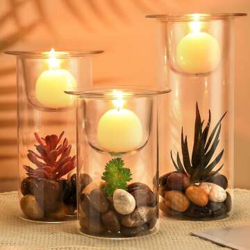 Set of 3 Cylinder Glass Succulent Decorative Hurricane Candle Holder - Include Ball Candles Cobblestones and Artificial Plants for Home and Table Centerpieces Wedding Decorative Ornaments