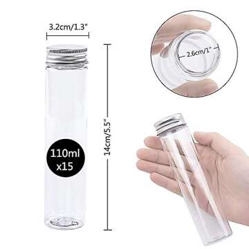 JPSOR 15pcs 110ml Plastic Test Tubes with Screw Caps 140 x 35mm Clear Flat Large Test Tubes with Lids and 1 Brush for Bath Salt, Candy Storage, Party Favors, Scientific Experiments