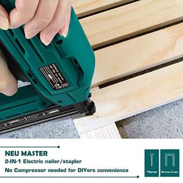 NEU MASTER Electric Brad Nailer, NTC0040 Electric Nail Gun/Staple Gun for Upholstery, Carpentry and Woodworking Projects, 1/4'' Narrow Crown Staples 200pcs and Nails 800pcs Included