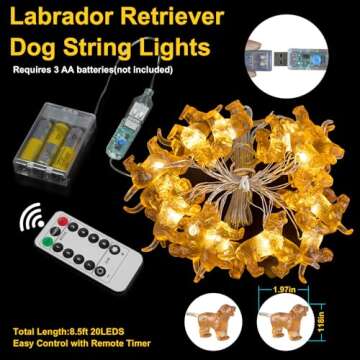 Labrador Retriever Dog String Lights, 8.5ft 20LED USB and Battery Operated Fairy Lights with Remote Puppy Gifts for Pet Owners Christmas Lights for Indoor Outdoor Wedding Birthday Parties Xmas Tree