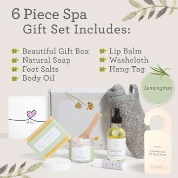 Lizush Lemongrass 6-Piece Spa Gift Set for Women - Relaxing Self-Care Basket, Luxury Handmade Body Care Items for Premium Relaxation - With Love