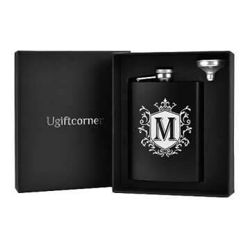 Ugiftcorner Hip Flasks for Liquor for Men 8OZ with Initials Personalized Monogrammed Gifts Christmas Gifts Groomsmen Gifts Birthday Gifts for Him Brother Dad Stainless Steel Flask with Funnel Letter M