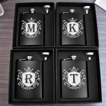 Ugiftcorner Hip Flasks for Liquor for Men 8OZ with Initials Personalized Monogrammed Gifts Christmas Gifts Groomsmen Gifts Birthday Gifts for Him Brother Dad Stainless Steel Flask with Funnel Letter M