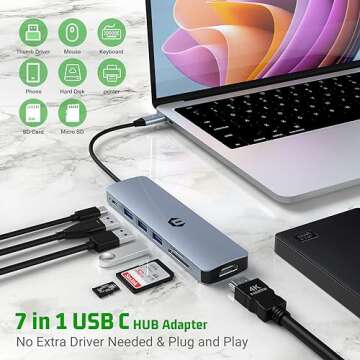 Tymyp 7 in 1 USB C HUB, Multiport Adapter Hub with HDMI, 100W Charging, 3 x USB 3.0, SD/TF Card Reader, Compatible for USB C Laptops Dell XPS/HP/Surface and Other Type C Devices