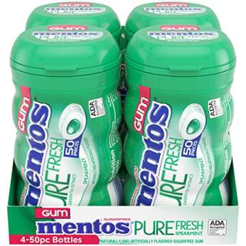 Mentos Pure Fresh Holiday Sugar-Free Chewing Gum with Xylitol, Spearmint, Holiday Christmas Stocking Stuffers for Adults & Kids, 50 Piece Bottle (Bulk Pack of 4)