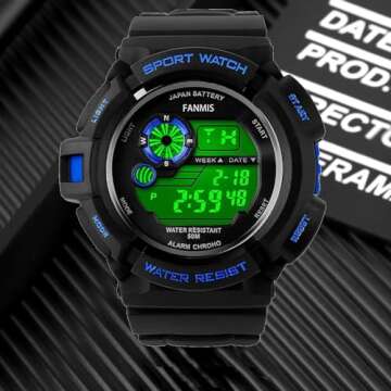 FANMIS Mens Military Multifunction Digital LED Watch Electronic Waterproof Alarm Quartz Sports Watch (Blue)