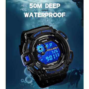 FANMIS Mens Military Multifunction Digital LED Watch Electronic Waterproof Alarm Quartz Sports Watch (Blue)