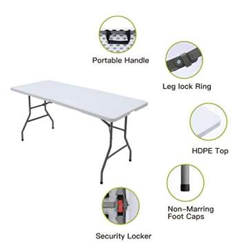 Aoeiye 6ft Folding Table Plastic Fold in Half w/Handle Heavy Duty Portable Indoor Outdoor for Garden Party Picnic Camping BBQ Dining Kitchen Wedding Market Events