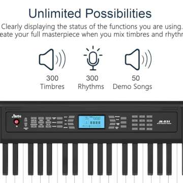 61 Key Keyboard Piano, Portable Electric Piano Keyboard w/LCD Screen, Built-In Speakers, Headphones, Stand, Stool, Music Rest, Microphone, 300 Timbres, 300 Rhythms, Ideal for Beginner Adult